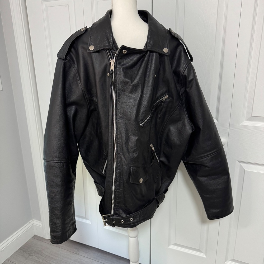 Wilsons Leather Mens 2X Black Biker Motorcycle Jacket Belted Quilted Lining